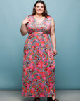 24seven Comfort Apparel Plus Size Pink Paisley Print V Neck Empire Waist Sleeveless Maxi Dress