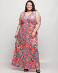 24seven Comfort Apparel Plus Size Pink Paisley Print V Neck Empire Waist Sleeveless Maxi Dress
