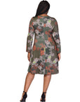 Plus Size Green Paisley Print Long Sleeve Knee Length Dress