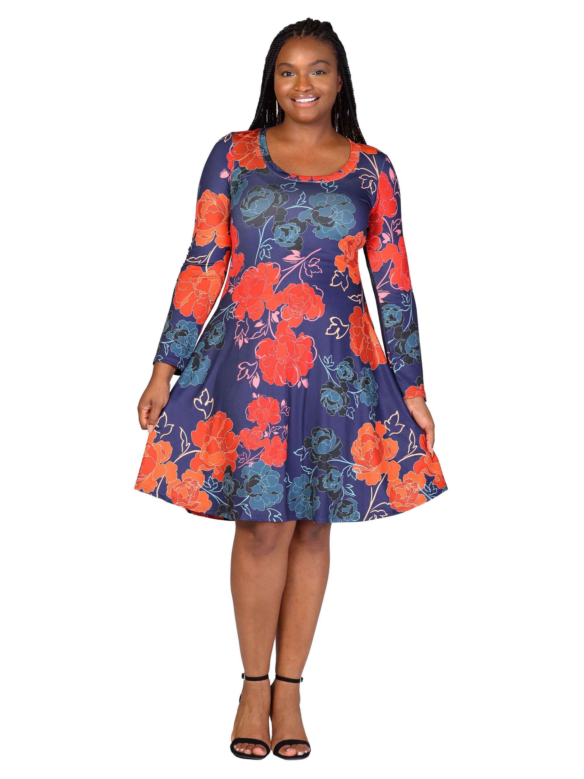 Plus Size Navy Floral Print Long Sleeve Knee Length Dress