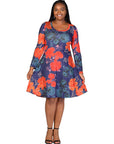Plus Size Navy Floral Print Long Sleeve Knee Length Dress