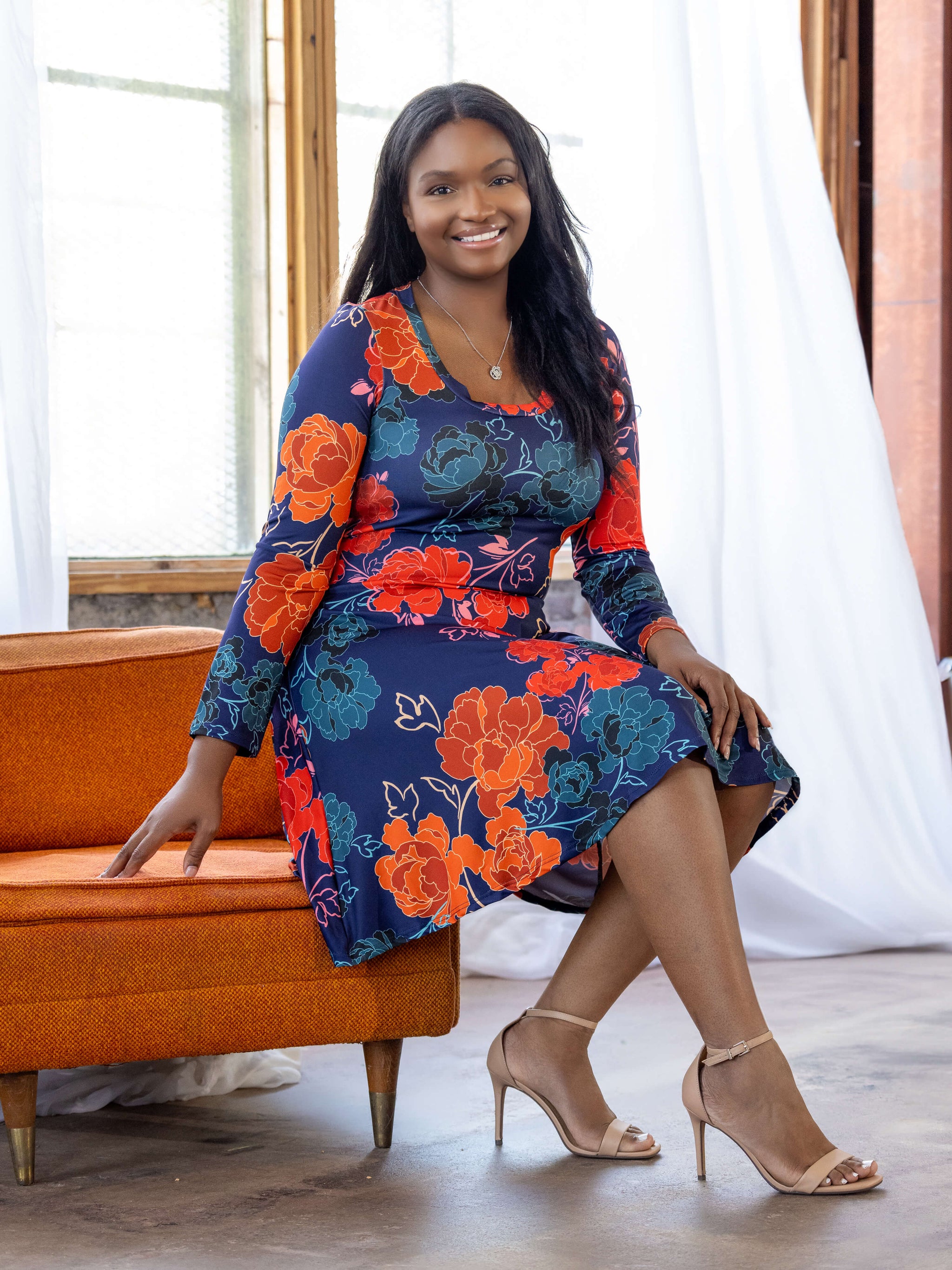 Navy blue floral dress plus size sale
