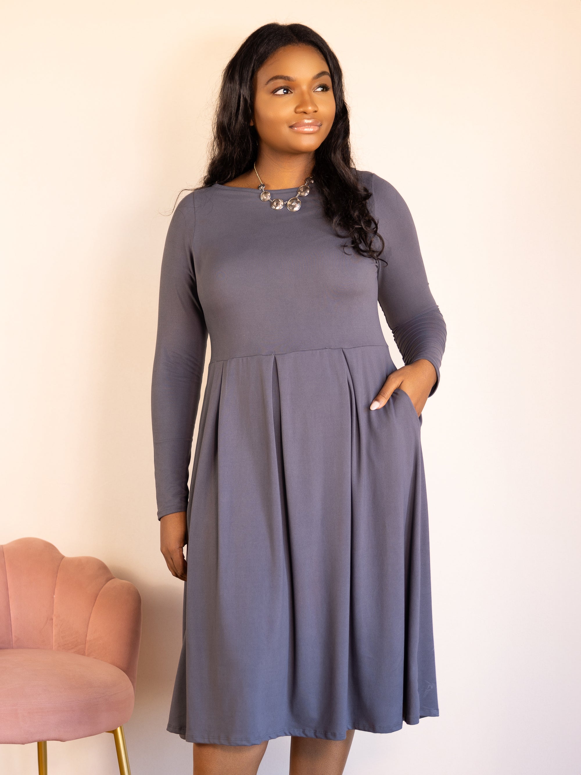 Long Sleeve Fit and Flare Plus Size Midi Dress