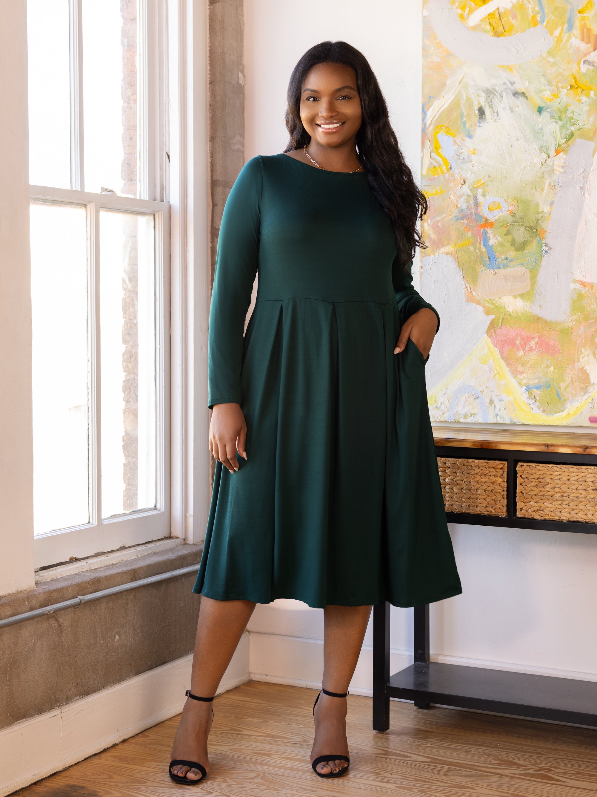 Long Sleeve Fit and Flare Plus Size Midi Dress