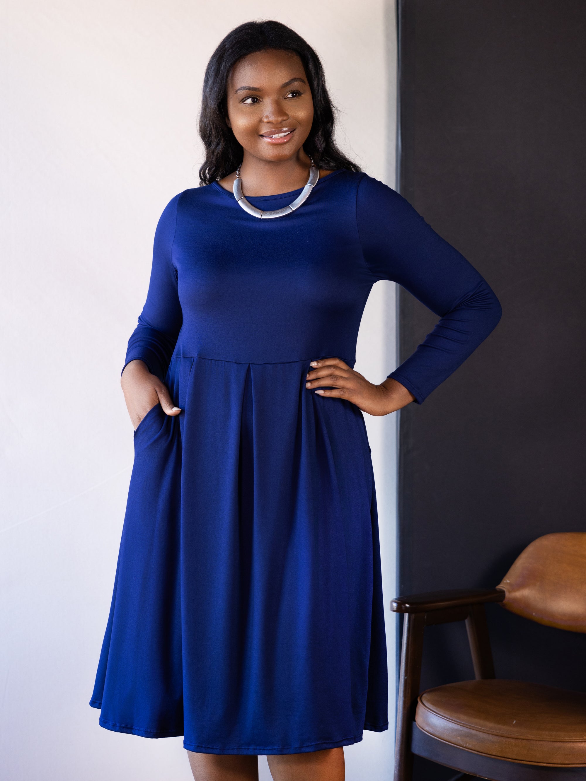Long Sleeve Fit and Flare Plus Size Midi Dress