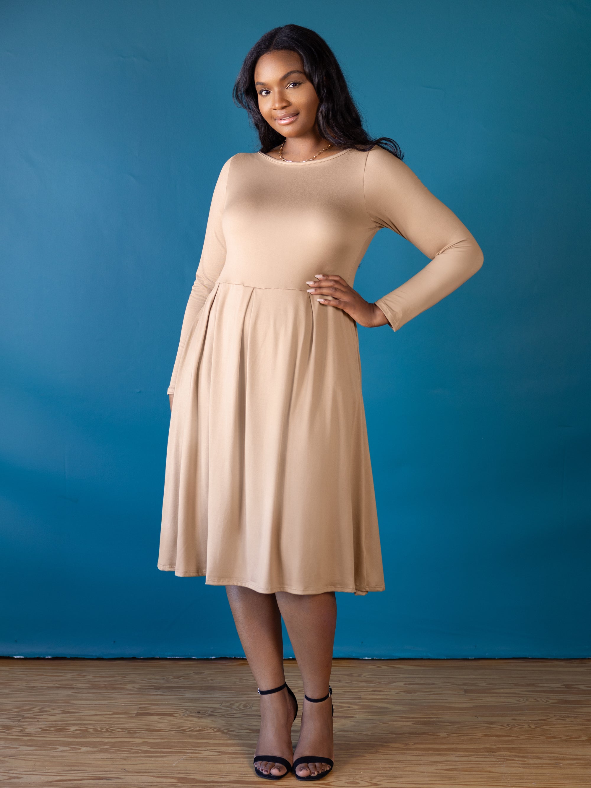 Long Sleeve Fit and Flare Plus Size Midi Dress - Main Image