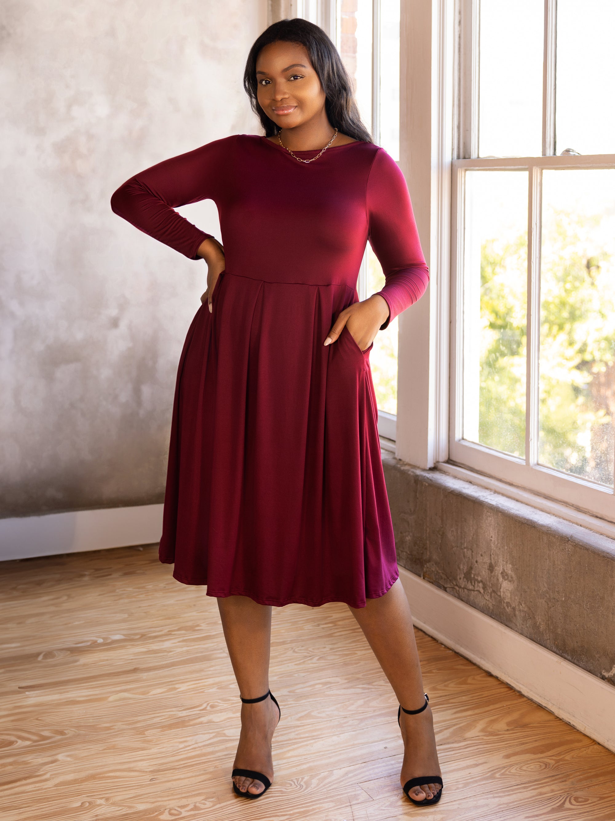 Long Sleeve Fit and Flare Plus Size Midi Dress