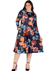 Plus Size Black Floral Midi Length Long Sleeve Pocket Dress