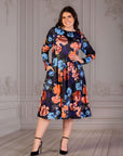 Plus Size Black Floral Midi Length Long Sleeve Pocket Dress
