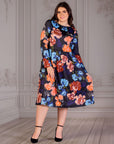 Plus Size Black Floral Midi Length Long Sleeve Pocket Dress