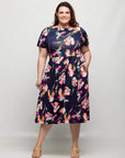 24seven Comfort Apparel Plus Size Navy Floral Short Sleeve Pleated Flare Midi Pocket Dress