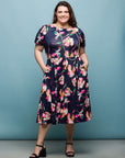 24seven Comfort Apparel Plus Size Navy Floral Short Sleeve Pleated Flare Midi Pocket Dress