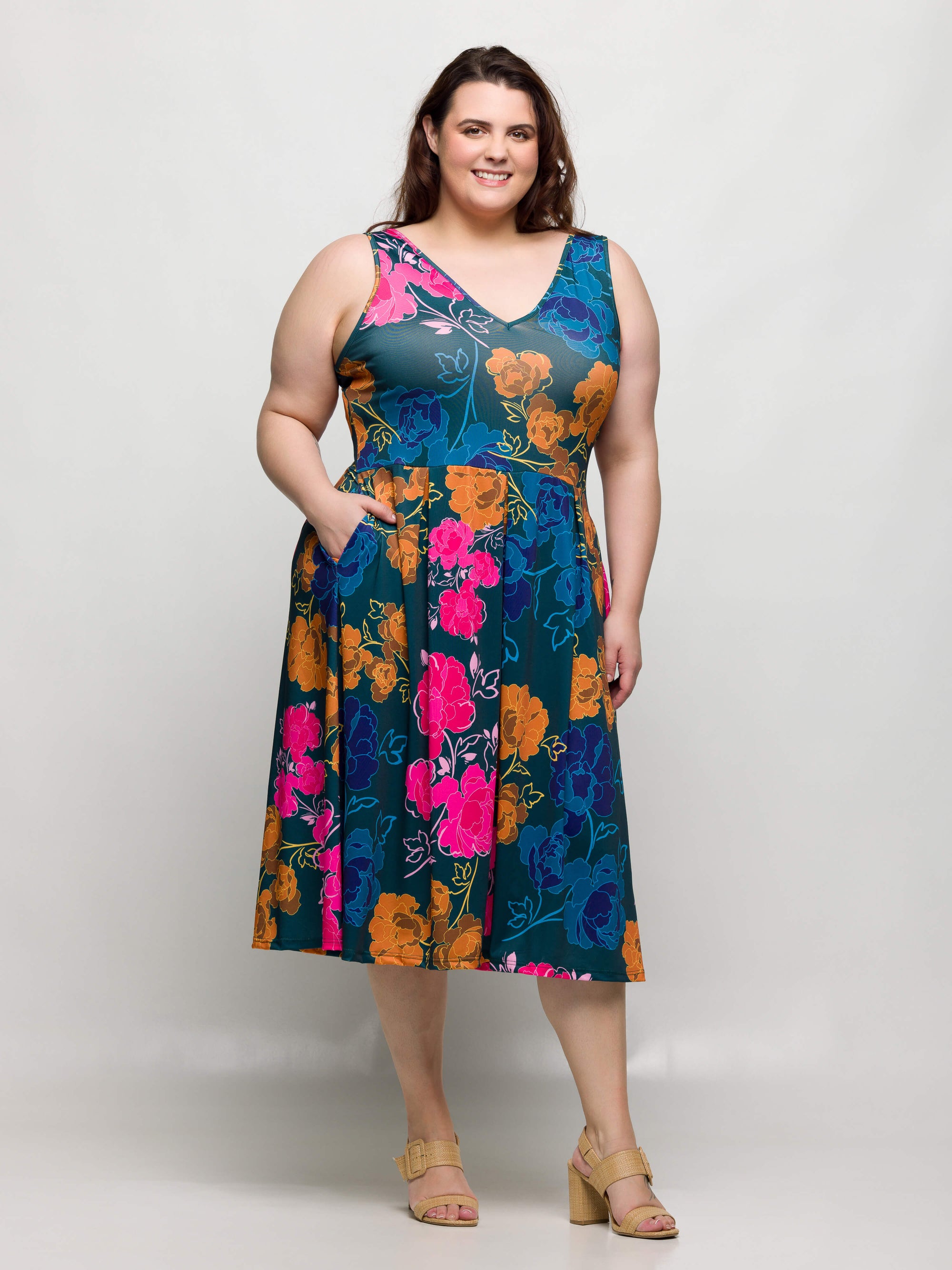 24seven Comfort Apparel Plus Size Midi Length Blue Floral Print Sleeveless Pleated Pocket Dress
