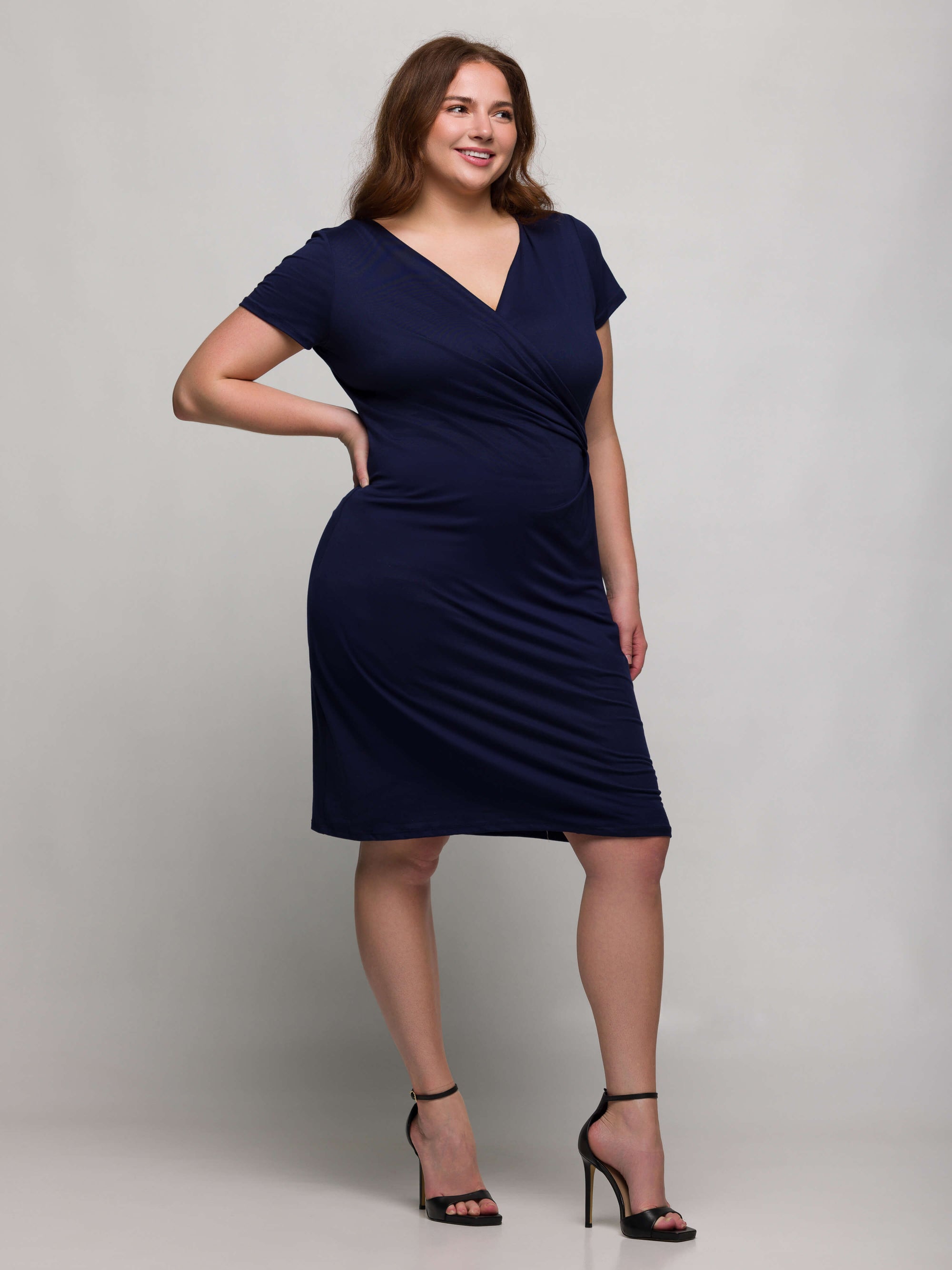 Short Sleeve V Neck Plus Size Faux Wrap Dress