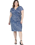 Navy Geometric Print Plus Size Knee Length Short Sleeve Faux Wrap Dress