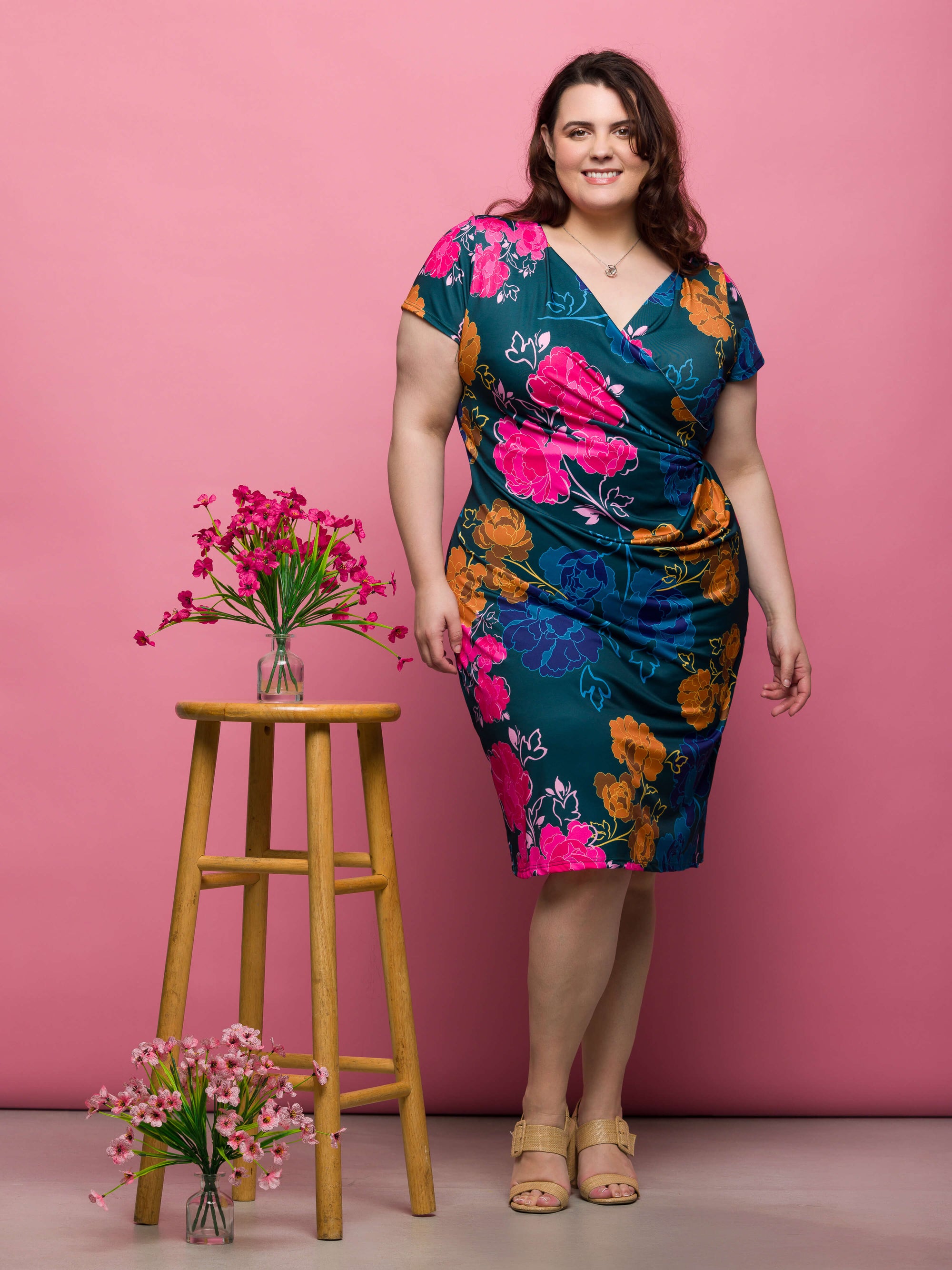 24seven Comfort Apparel Plus Size Blue Floral Knee Length Short Sleeve Faux Wrap Dress