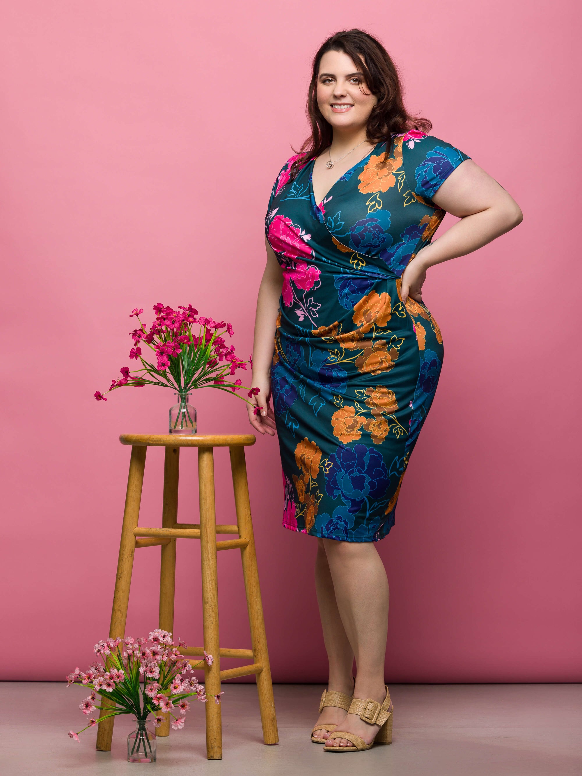 24seven Comfort Apparel Plus Size Blue Floral Knee Length Short Sleeve Faux Wrap Dress