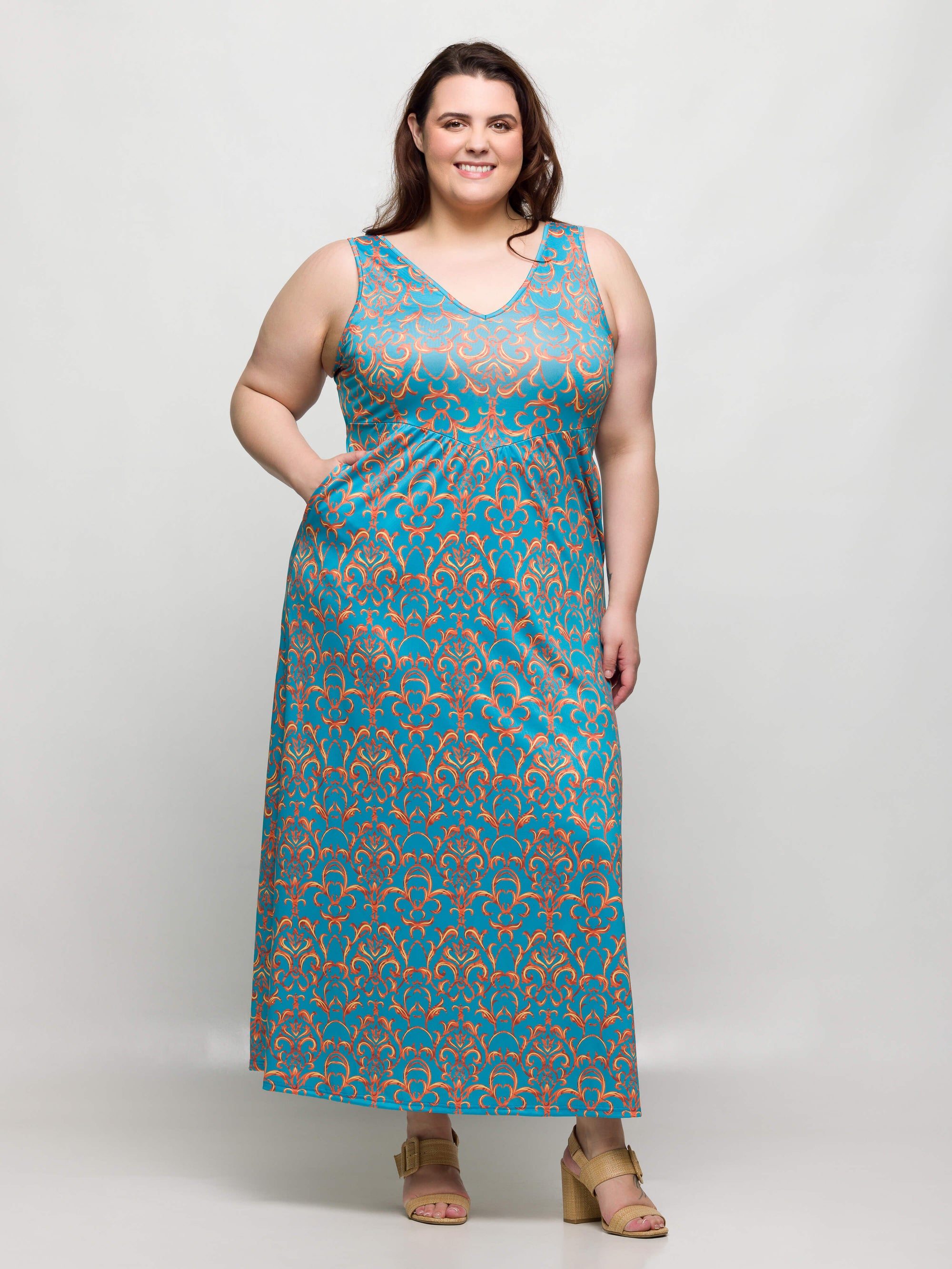 24seven Comfort Apparel Plus Size Sky Blue Sleeveless V Neck Maxi Dress With Pockets