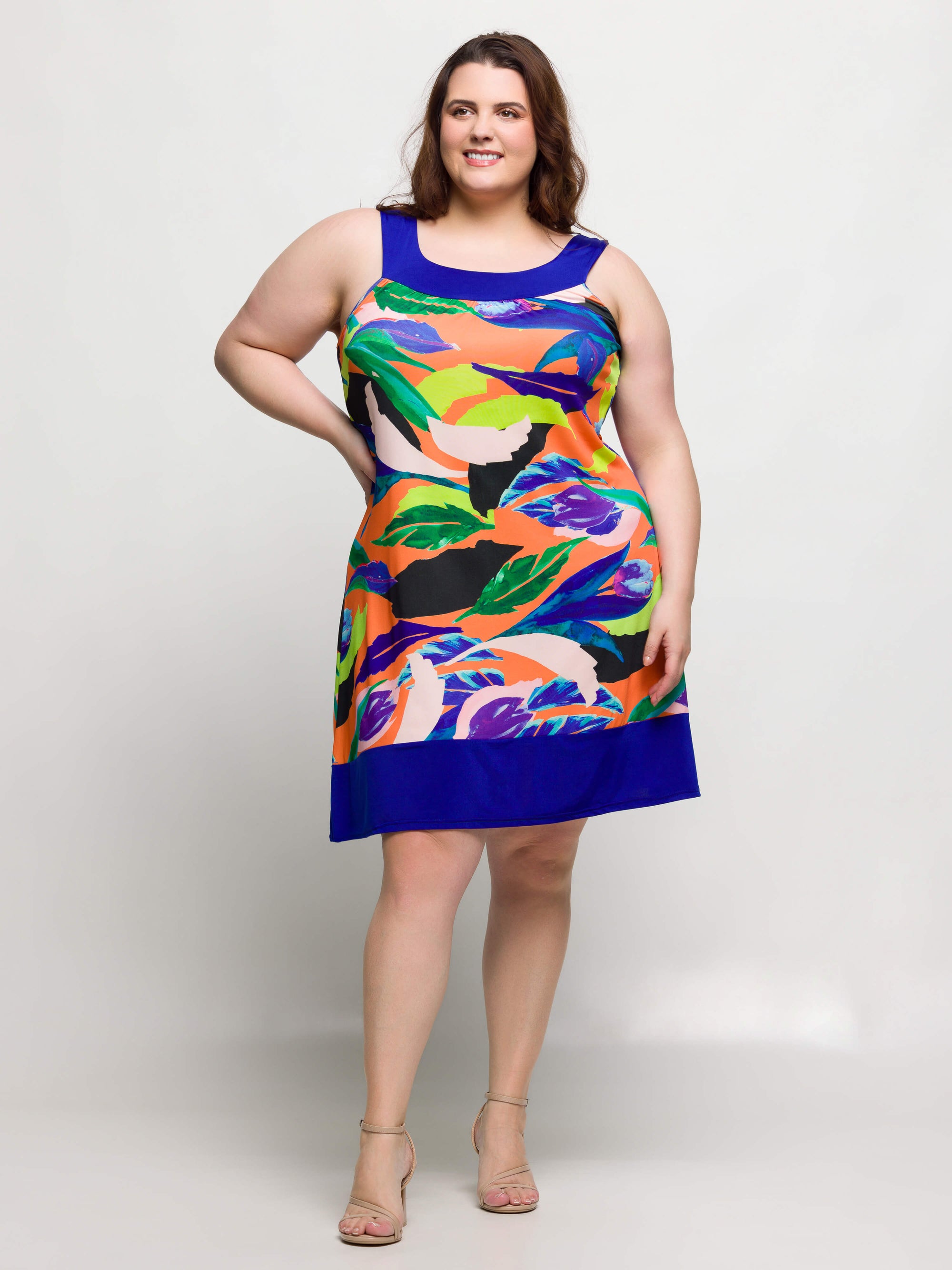 24seven Comfort Apparel Plus Size Multicolor Scoop Neck Sleeveless Knee Length Dress