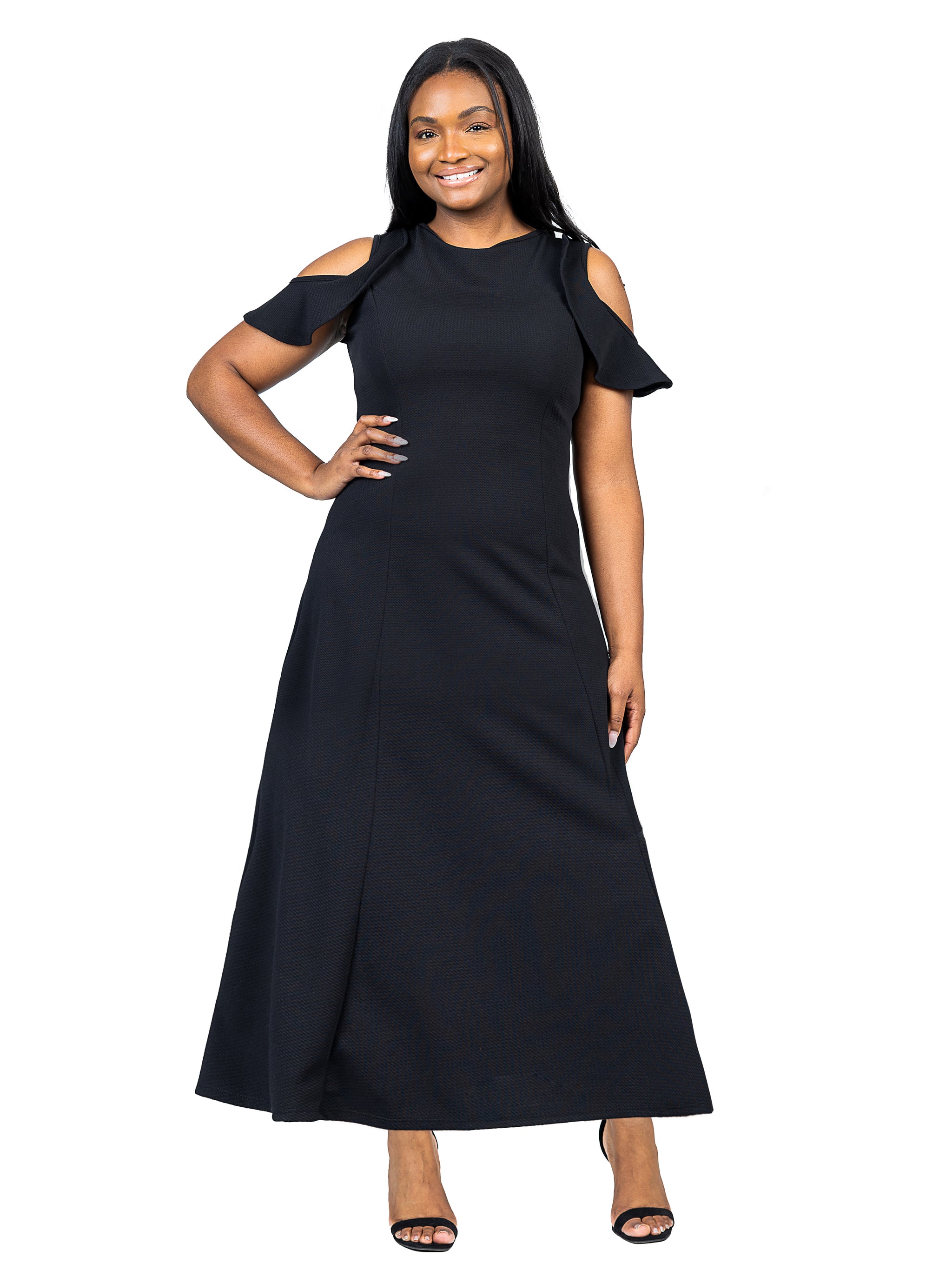 24seven Comfort Apparel Ruffle Cold Shoulder Maxi Dress Navy