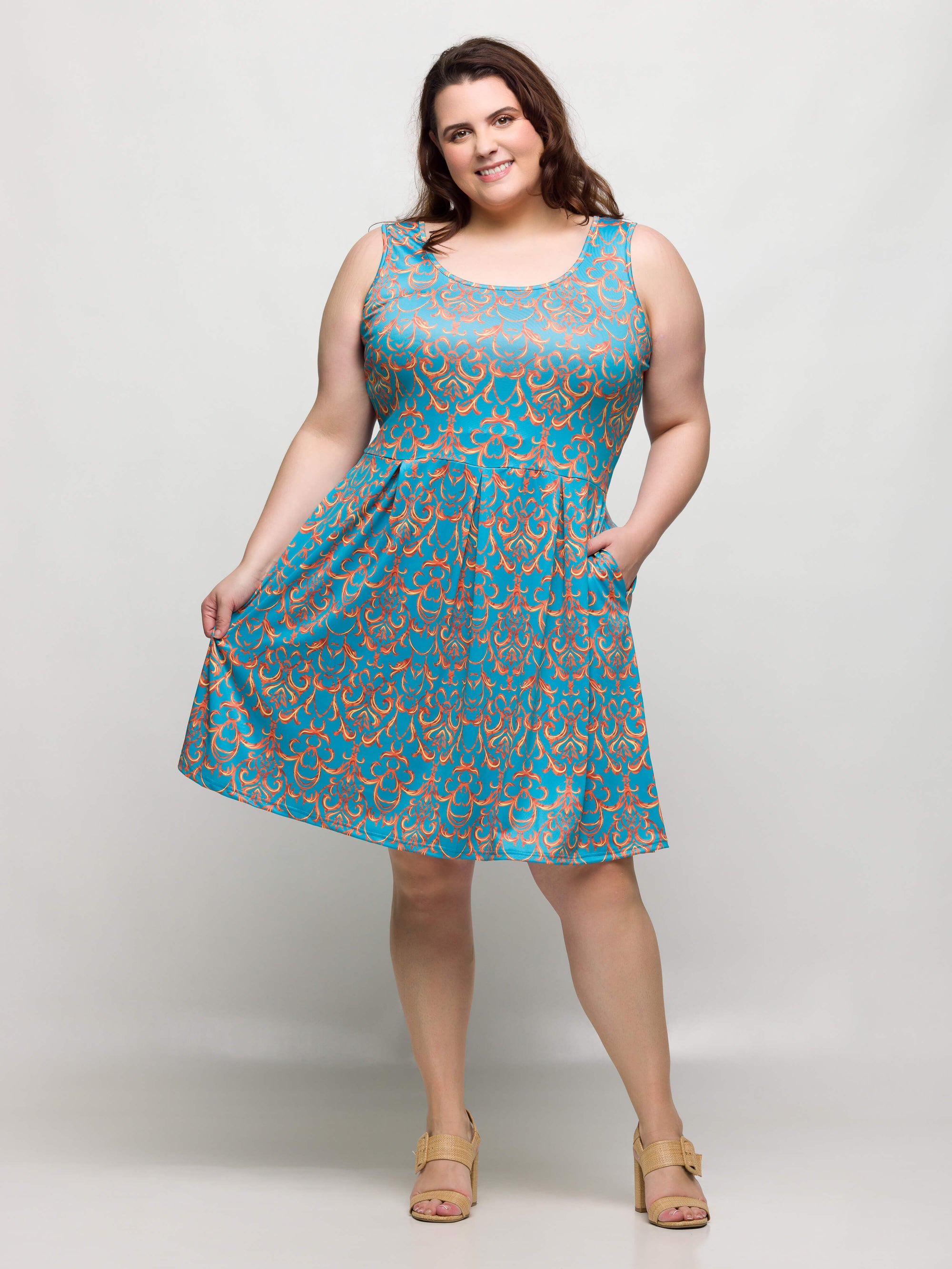 24seven Comfort Apparel Plus Size Sky Blue Sleeveless Pleated Knee Length Pocket Dress