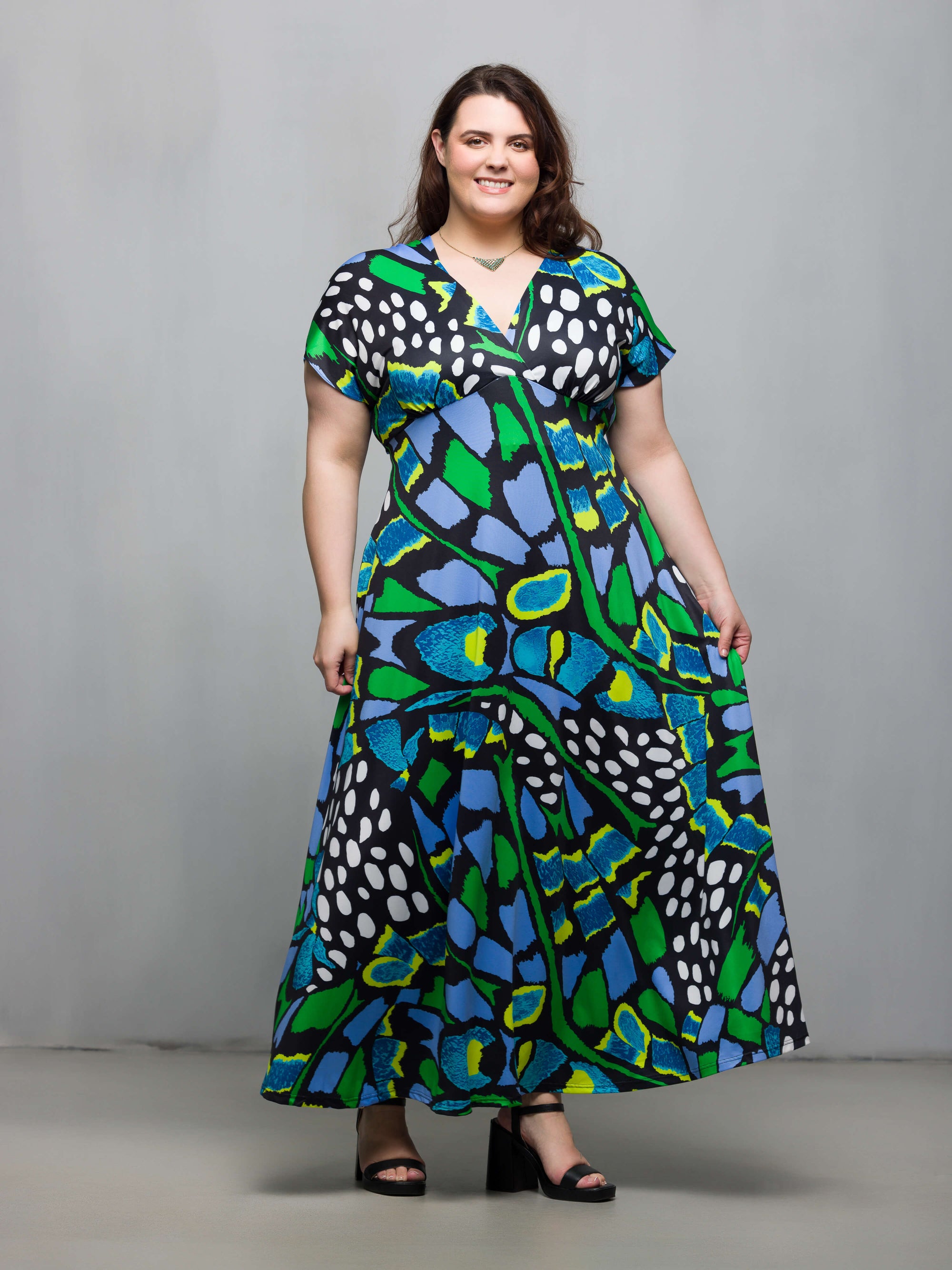 24seven Comfort Apparel Plus Size Blue Butterfly Print V Neck Empire Waist Cap Sleeve Maxi Dress
