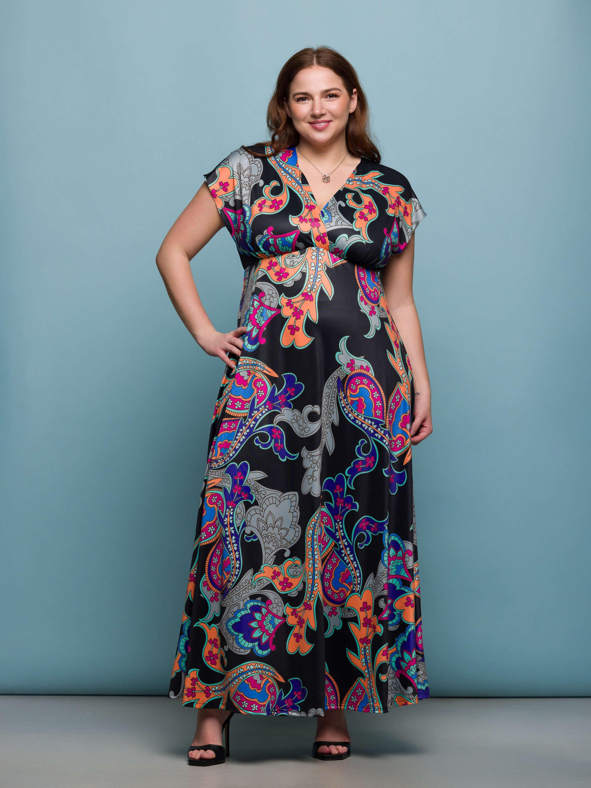 24seven Comfort Apparel Plus Size Black Paisley Print V Neck Empire Waist Cap Sleeve Maxi Dress