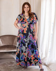 24seven Comfort Apparel Plus Size Black Paisley Print V Neck Empire Waist Cap Sleeve Maxi Dress