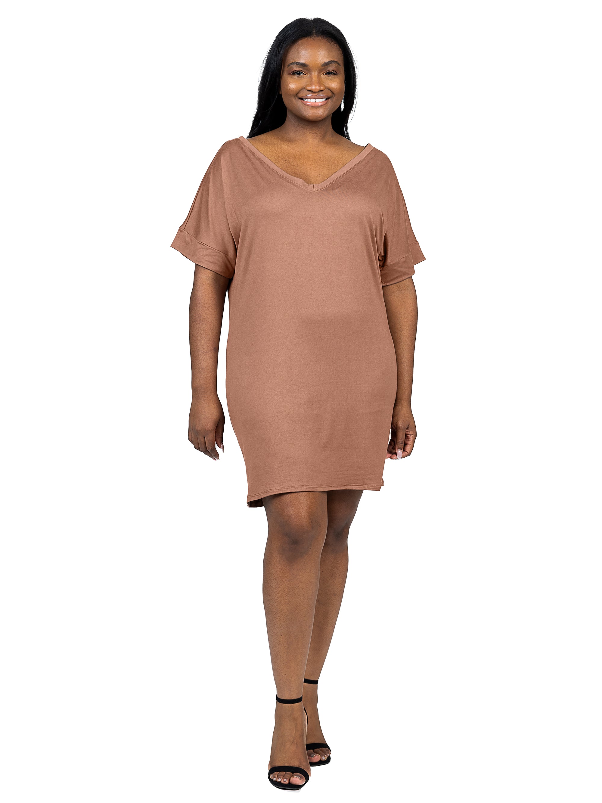 Plus Size Solid Color Loose Fit V Neck T Shirt Style Knee Length
