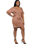 Plus Size Solid Color Loose Fit V Neck T Shirt Style Knee Length Dress