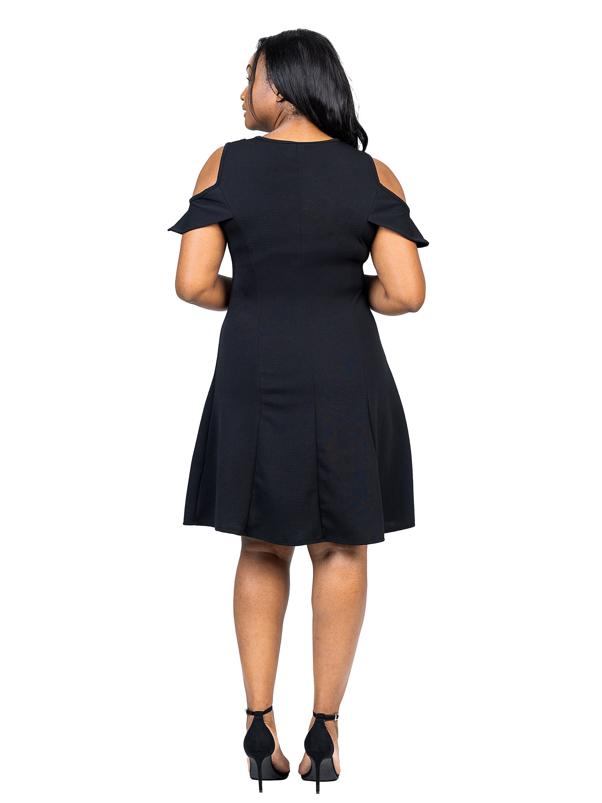 Plus Size Ruffle Cold Shoulder A Line Knee Length Dress