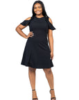 Plus Size Ruffle Cold Shoulder A Line Knee Length Dress