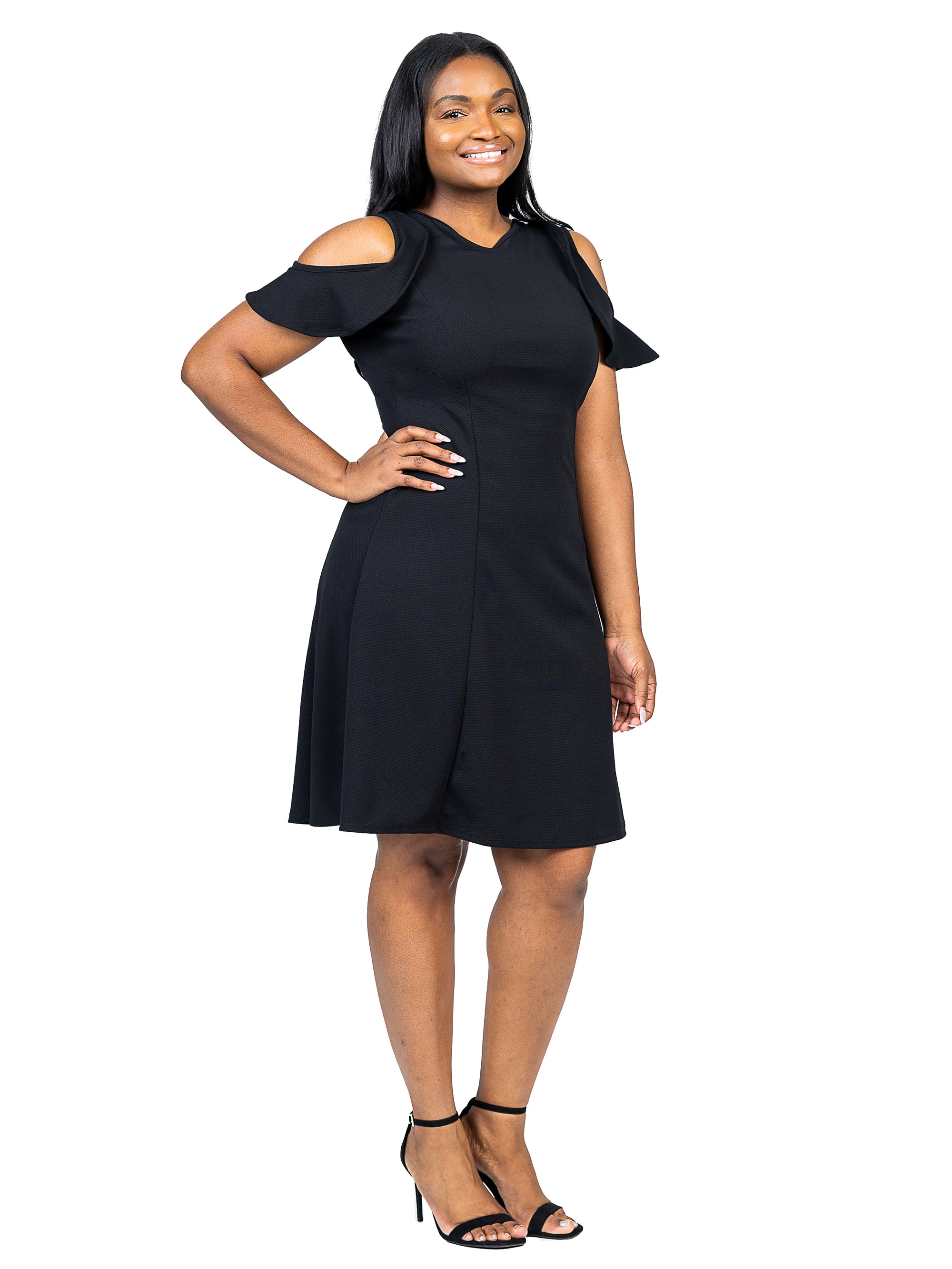 Plus Size Ruffle Cold Shoulder A Line Knee Length Dress
