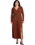 Long Sleeve V Neck Side Slit Plus Size Maxi Dress