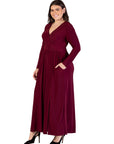 Long Sleeve V Neck Side Slit Plus Size Maxi Dress
