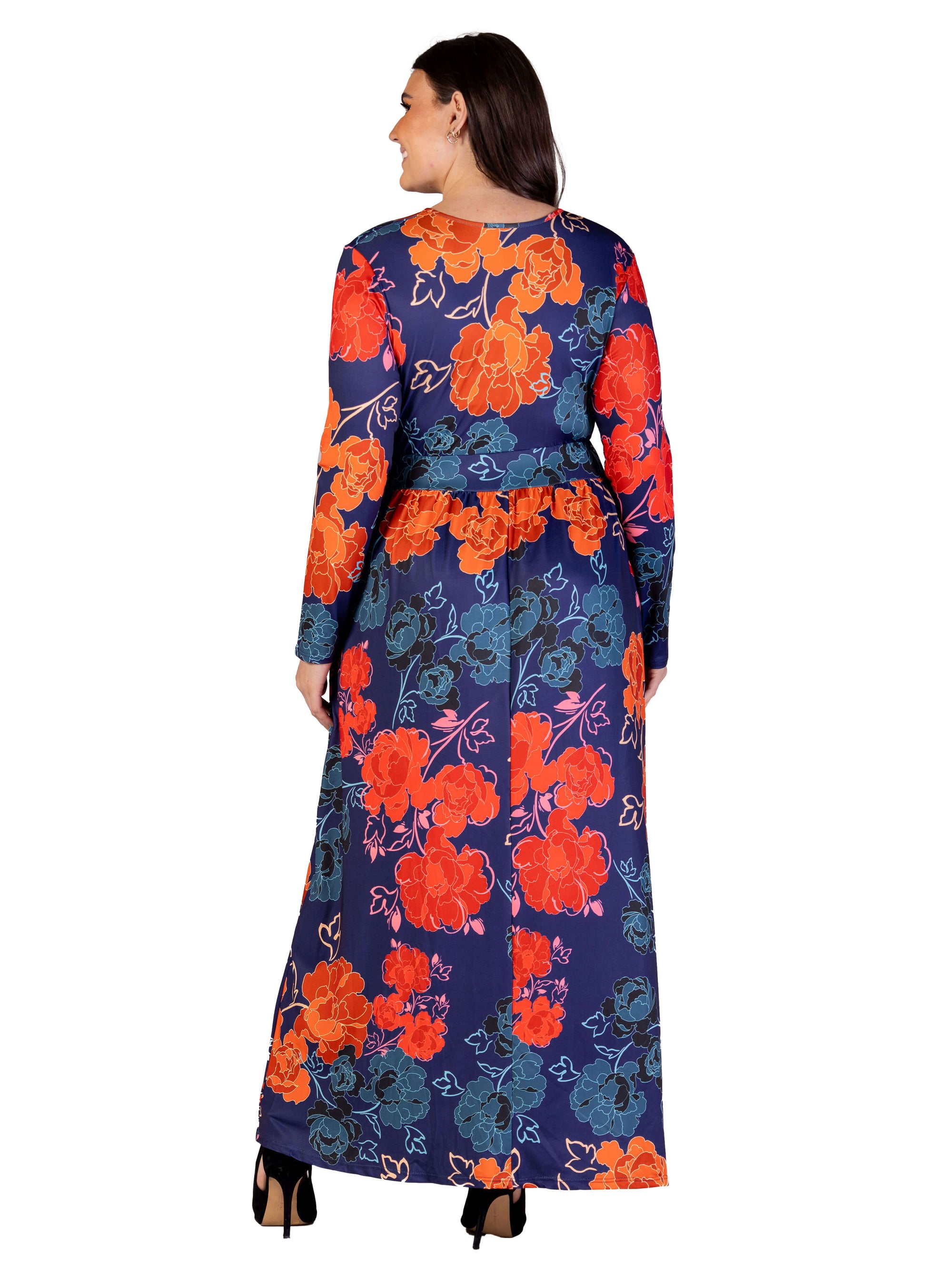 Plus Size Navy Floral Print Long Sleeve Side Slit Maxi Dress