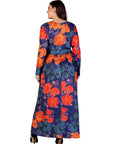 Plus Size Navy Floral Print Long Sleeve Side Slit Maxi Dress