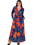 Plus Size Navy Floral Print Long Sleeve Side Slit Maxi Dress