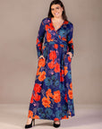 Plus Size Navy Floral Print Long Sleeve Side Slit Maxi Dress