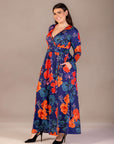 Plus Size Navy Floral Print Long Sleeve Side Slit Maxi Dress