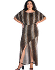 Animal Print Boat Neck Batwing Sleeve Slit Plus Size Maxi Dress