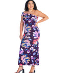 Purple Floral One Shoulder Rouched Mermaid Plus Size Maxi Dress
