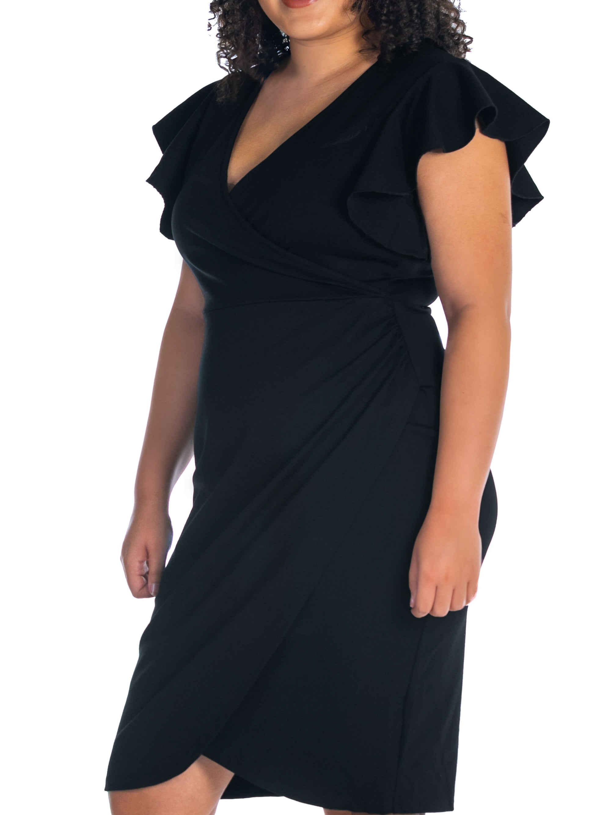 V Neck Ruffle Sleeve Knee Length Plus Size Dress