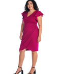 V Neck Ruffle Sleeve Knee Length Plus Size Dress