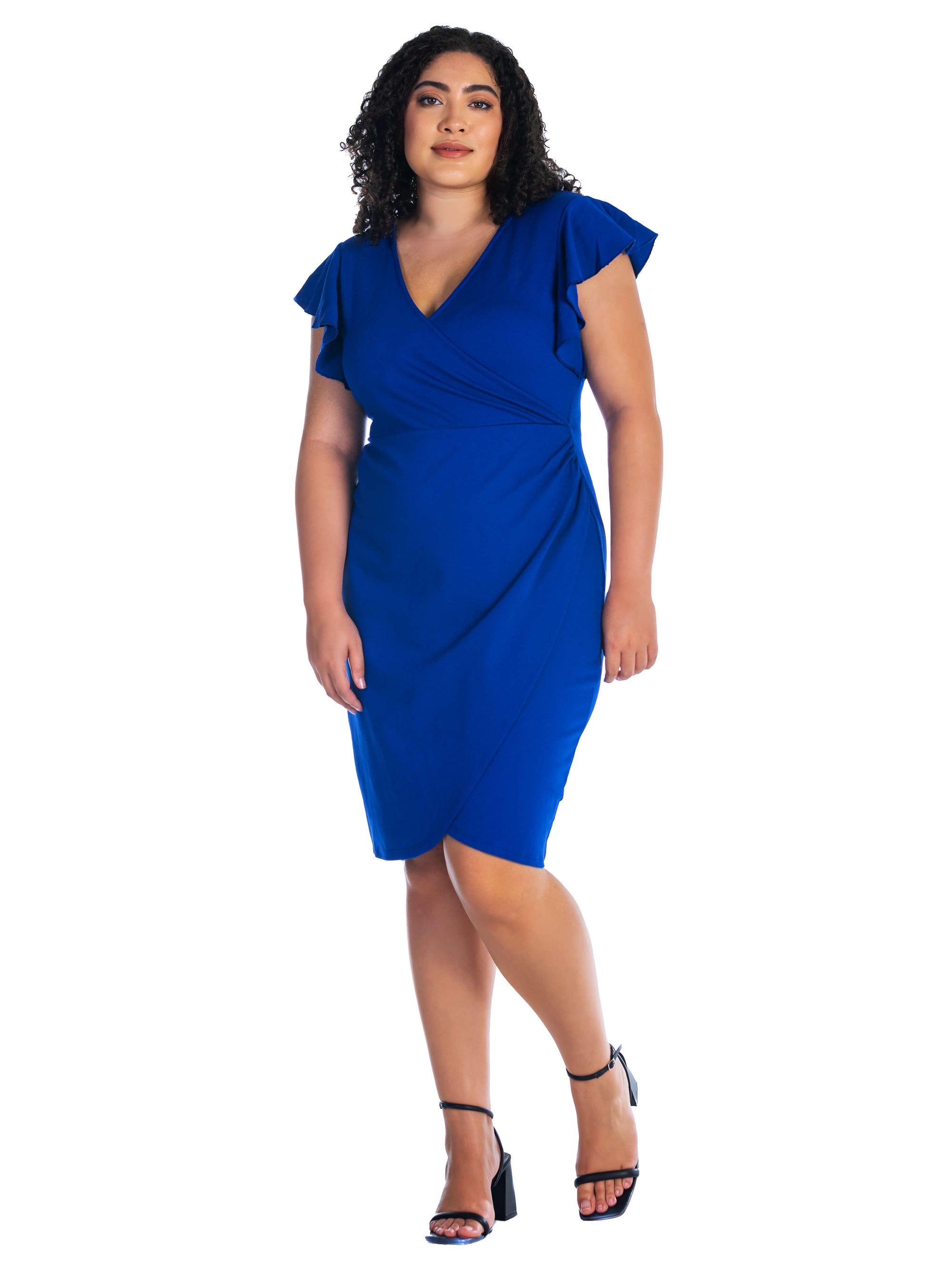 V Neck Ruffle Sleeve Knee Length Plus Size Dress