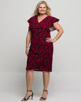 24seven Comfort Apparel Plus Size Burgundy Print Flutter Sleeve Faux Wrap Dress