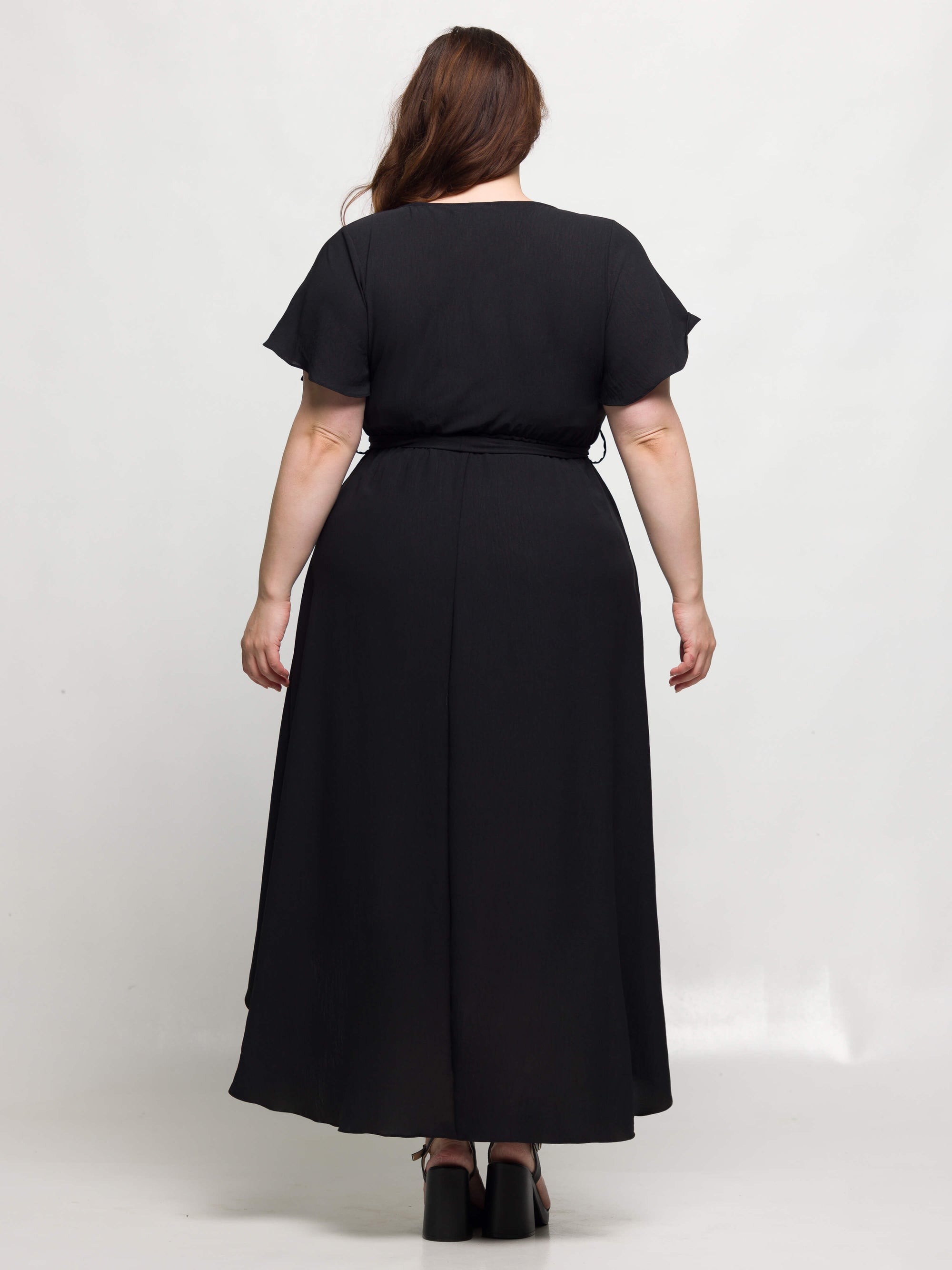 24seven Comfort Apparel Plus Size V Neck Belted Faux Wrap High Low Dress