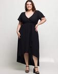 24seven Comfort Apparel Plus Size V Neck Belted Faux Wrap High Low Dress