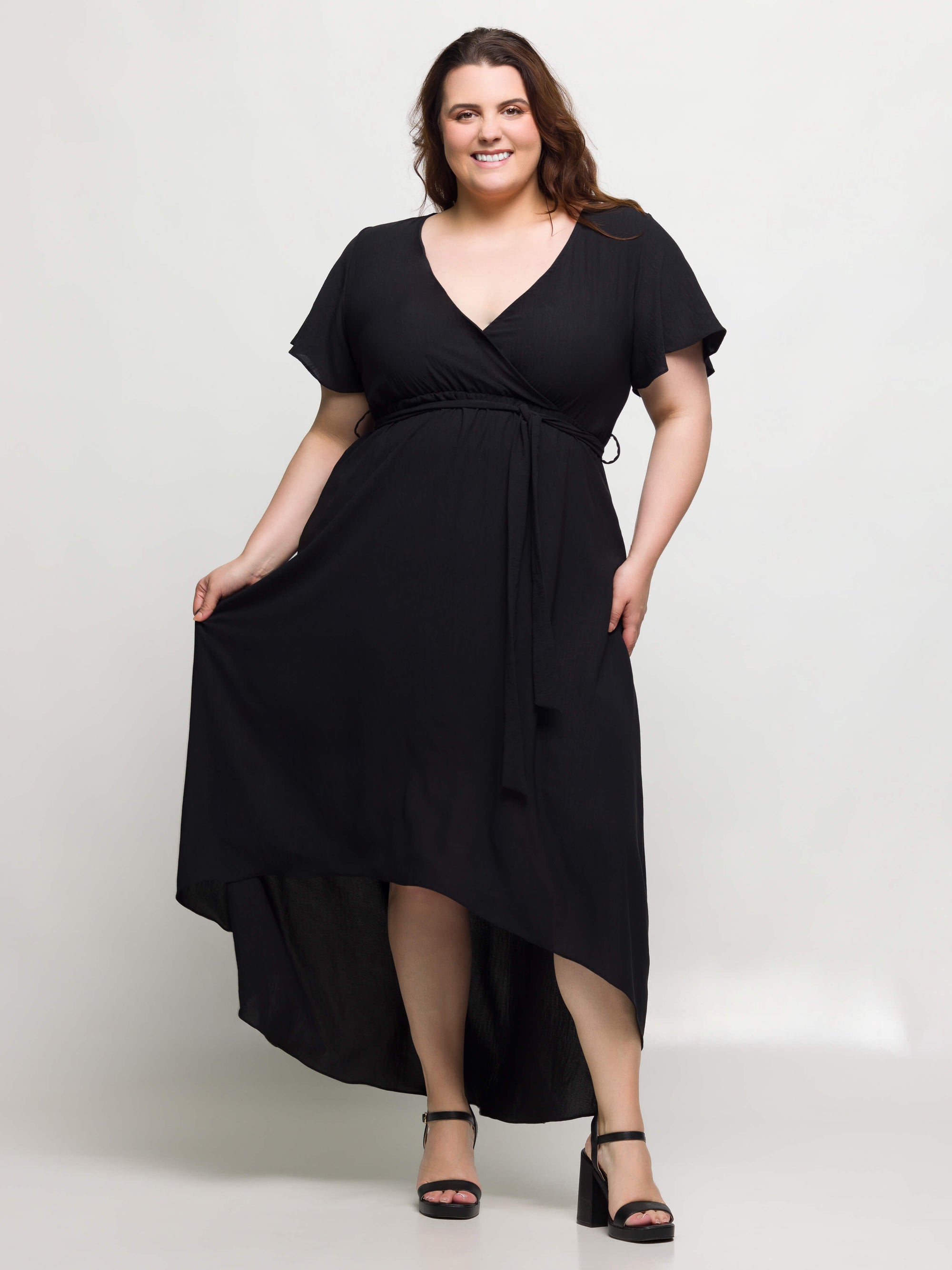 24seven Comfort Apparel Plus Size V Neck Belted Faux Wrap High Low Dress