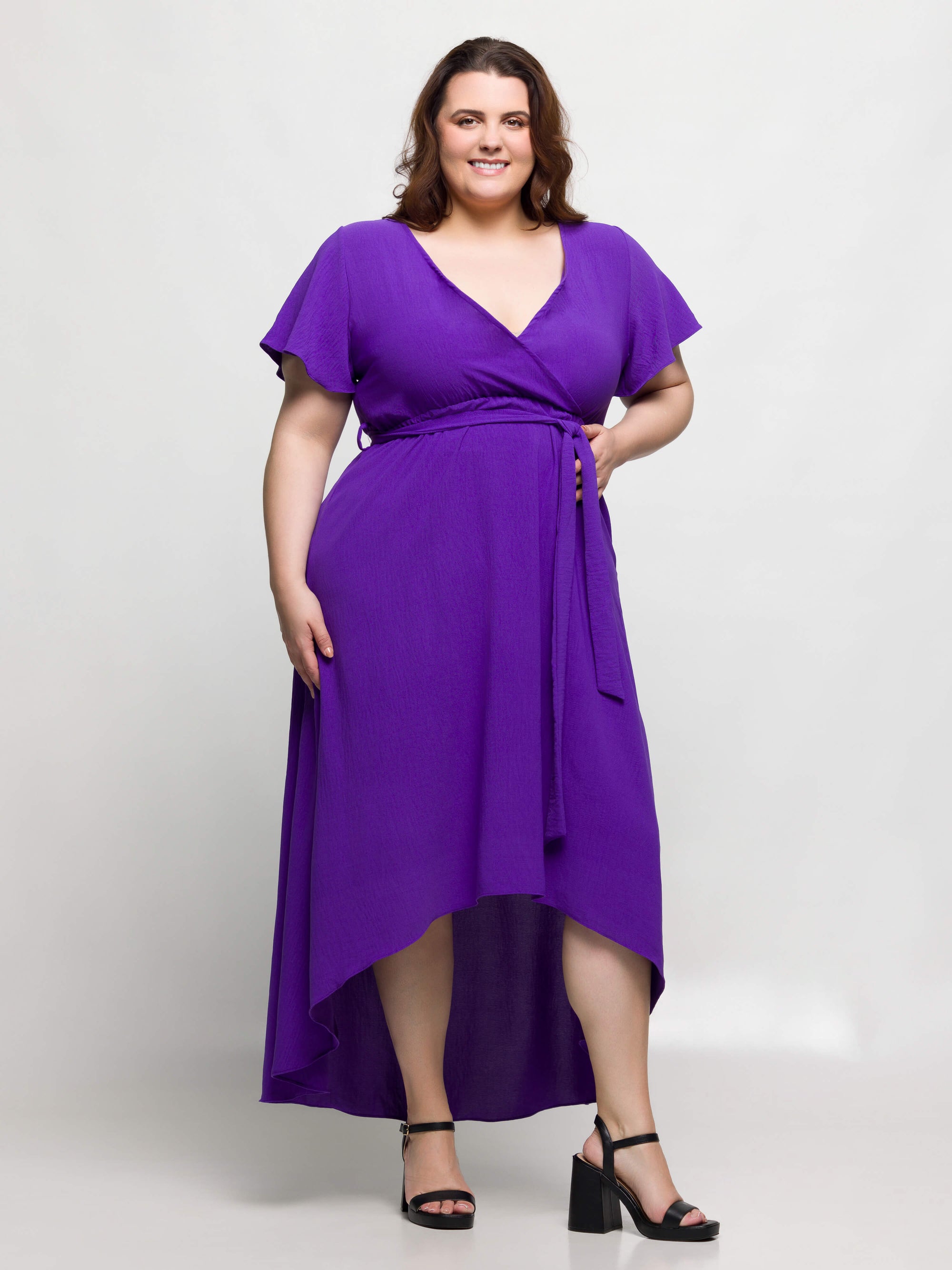 24seven Comfort Apparel Plus Size V Neck Belted Faux Wrap High Low Dress